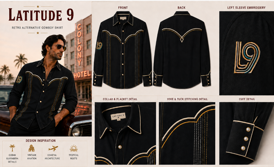 Latitude 9 Retro Alternative Cowboy Shirt in midnight black with gold topstitching