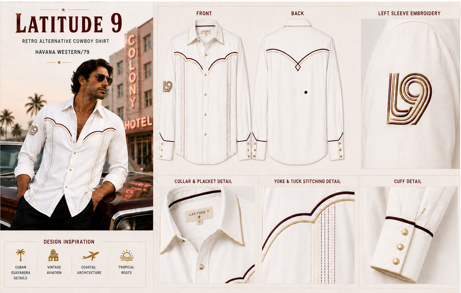 Latitude 9 Retro Alternative Cowboy Shirt in Warm Cream, shown with front, back, embroidery, collar, yoke, and cuff details