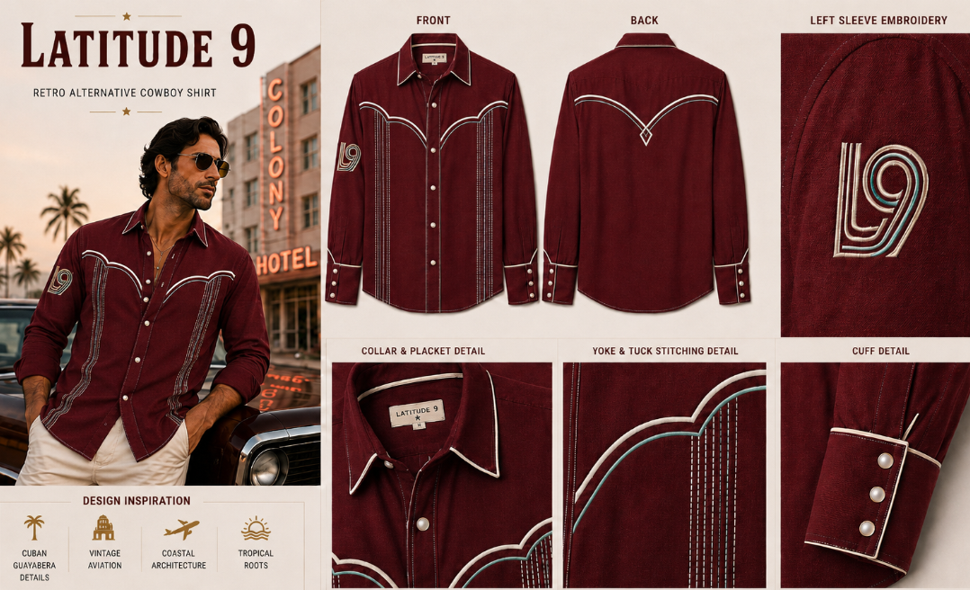Latitude 9 Retro Alternative Cowboy Shirt in Oxblood, shown with front, back, embroidery, collar, yoke, and cuff details